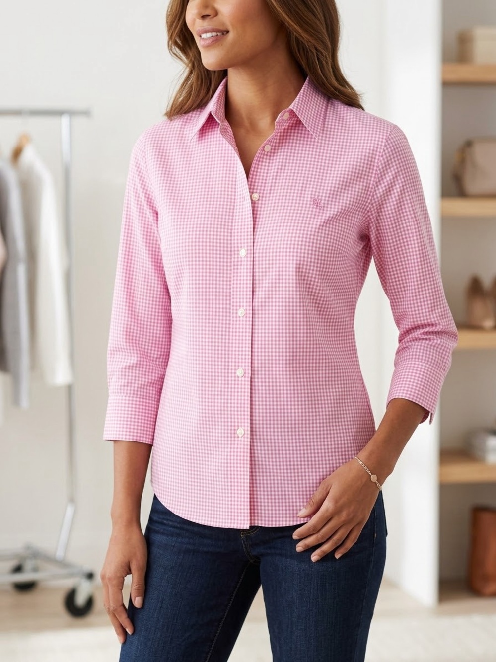 Lauren Ralph Lauren Petite Pink Gingham Non-Iron Button-Down Shirt- SP- MSRP $89